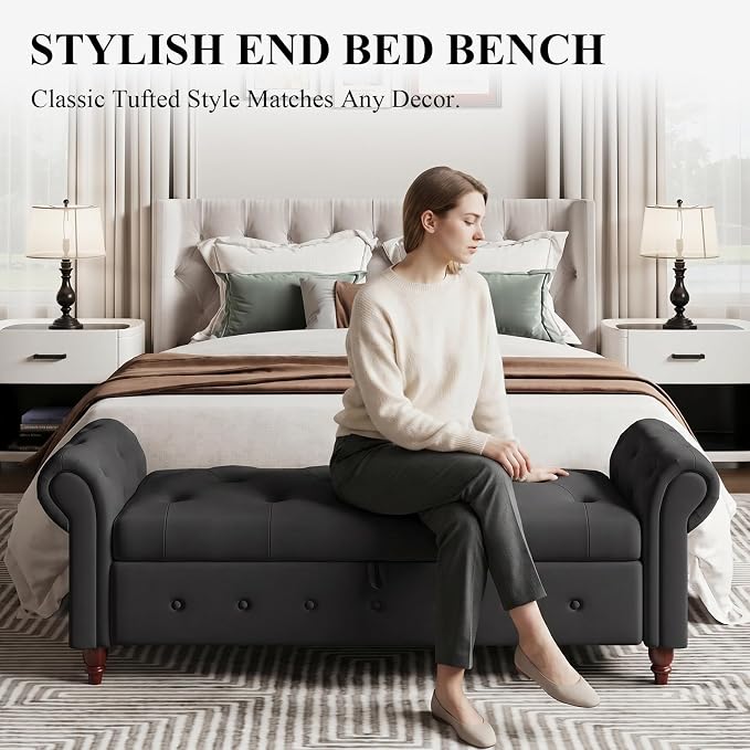 NIOIIKIT 63'' Storage Ottoman Bench, Tufted Entryway Bench Grey Polyster | Button Tufted End of Bed, Large Storage Space, Rolled Armed Ottoman Couch Long Bench for Bedroom, Living Room, Hallway