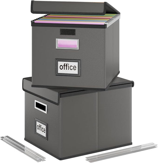 File Organizer Box with Lids, Collapsible File Folder Organizer | File Box with Plastic Slides for Document, Filing Bin for Letter Size Hanging File Folders (2 Pack, Dark Gray, Leather)