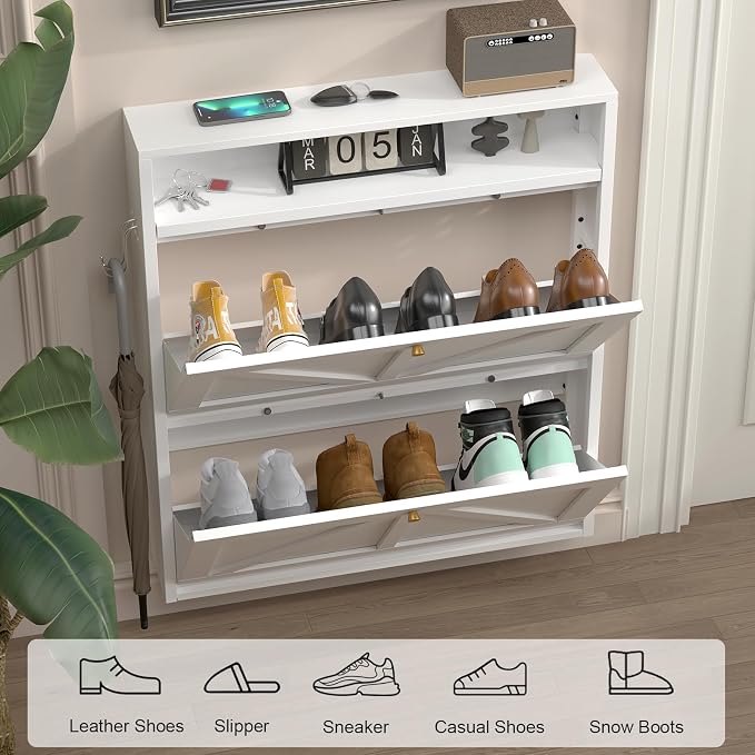 Metal Hidden Shoe Rack, 2 Flip-Down Floating Shoe Storage, Ultra Slim Wall Mounted Steel Shoe Organizer for Small Spaces, Modern Front Door Shoe Storage, Anti-Tip, White