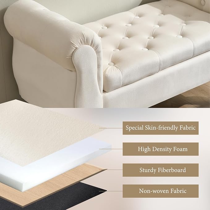 Storage Bench with Arms End of Bed Bench,Velvet Entryway Bench with Storage, Button Tufted Upholstered Ottoman Bench Wood Legs, Window Sitting Bench for Bedroom/Living Room/Hallway, Cream