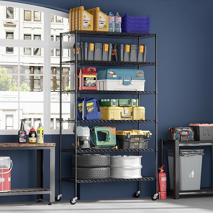 FDW | 6-Tier Wire Storage Shelves with Wheels | 45"x18"x82" | Black | Adjustable Racks | Heavy-Duty Metal Shelf, Holds Upto 2100 lbs | Tool-Free Assembly, Rust-Resistant | for Home & Garage Shelving | Storage Shelves with Adjustable Racks, Holds upto 5...
