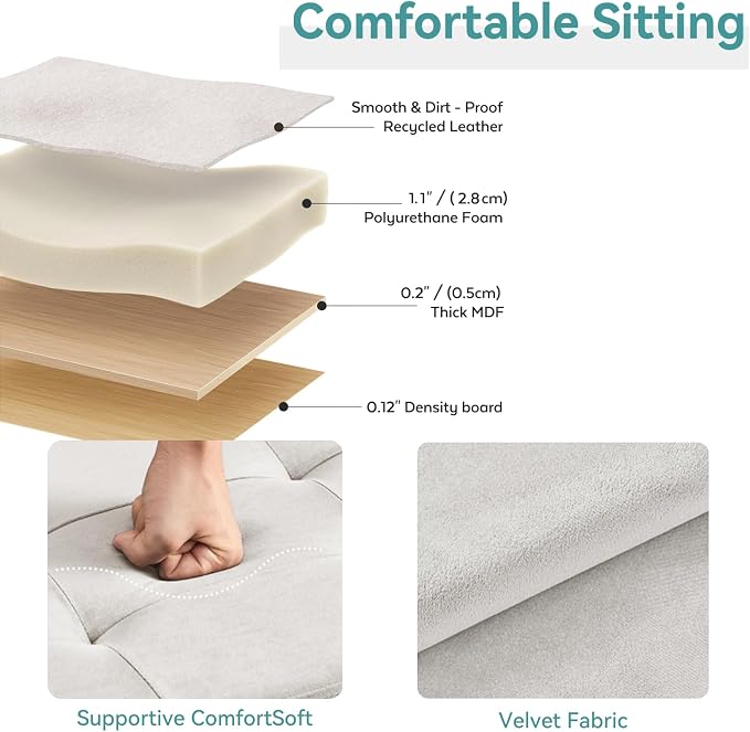 BRIAN & DANY 15" Small Ottoman with Storage Cube, Square Storage Ottoman Foot Stool with Wood Legs, Velvet Ottomans for Living Room, Bedroom, Dorm, White