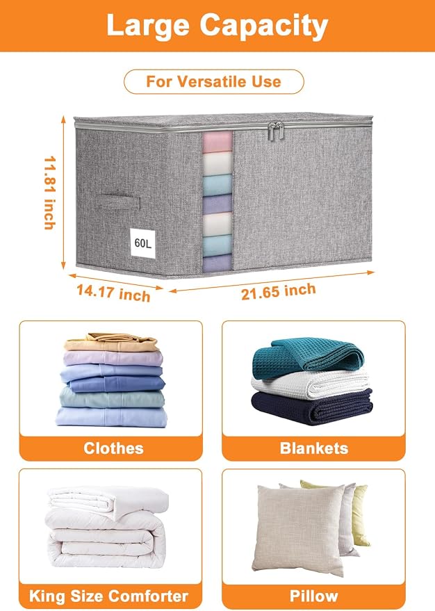 punemi 60L Sturdy Comforter Storage Bag, 2 Pack, Grey | Sturdy Sides & Bottom, Zipper & 2 Handles, for King/Queen Comforters, Quilts, Duvets, Pillows, Bedding & Clothes