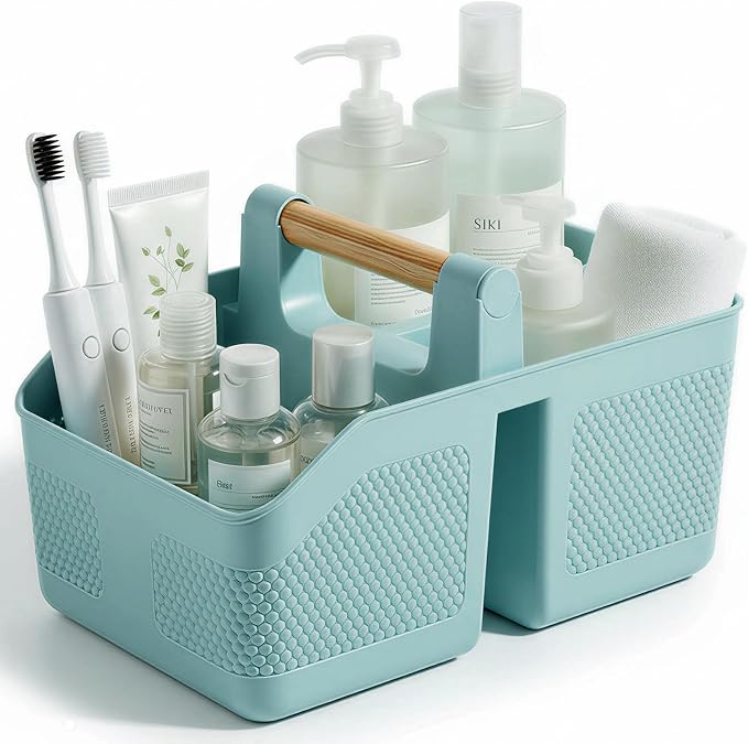 Plastic Shower Caddy Portable Shower Basket with Bamboo Handle, Blue | Cleaning Caddy Organizer Storage Tote for Bathroom, College Dorm Essentials, Bath Toy Storage