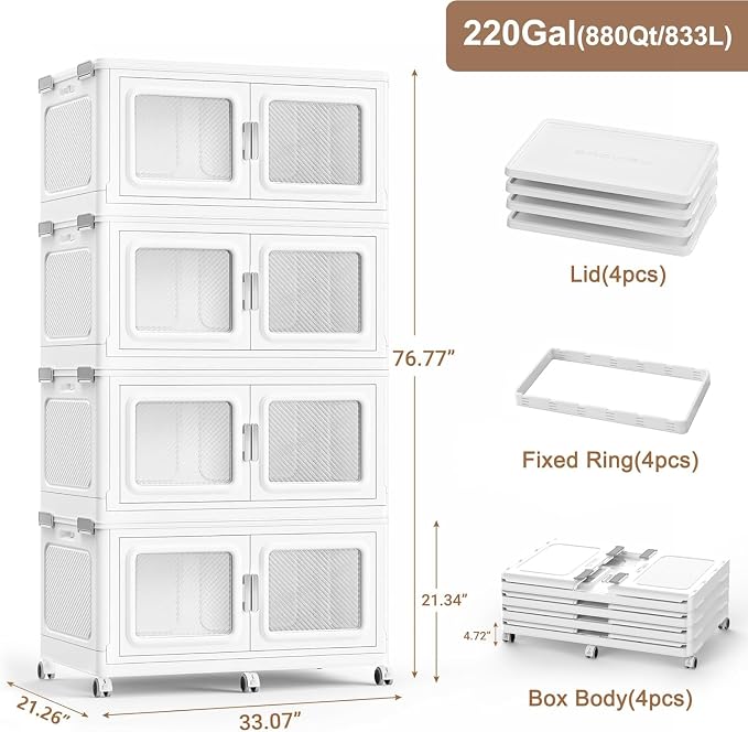BROVIEW 220Gal Extra Large Storage Bins with Lid and Wheels, White, 4 Pack | 4 lid Plastic Cabinets Stackable Collapsible Foldable Storage Box Total 880 Quart Organizer Drawers For Home Office Garage