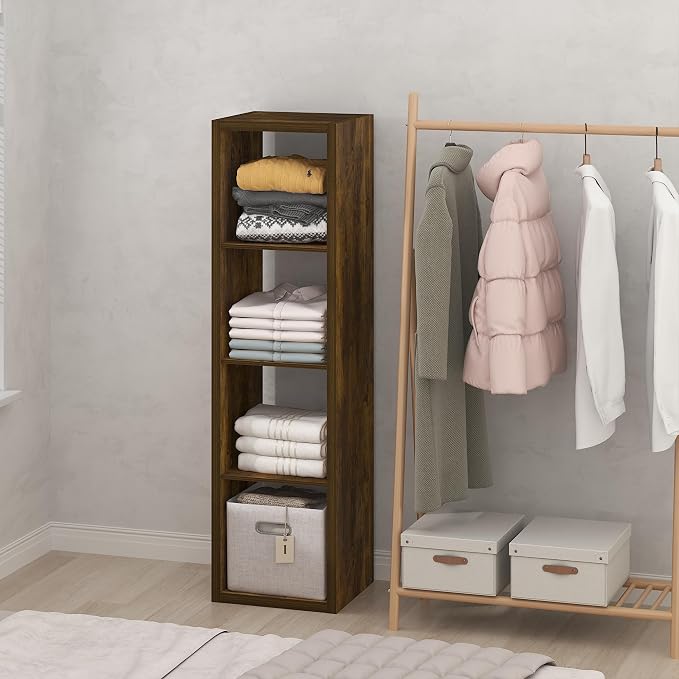 Furinno Cubic Extra Thick 4-Cube Closet Organizers and Storage, Amber Pine | 14.6 x 16 x 58 in, Vertical Open Shelf Closet Storage, Closet Organizer, for Wardrobe, Bedroom, Living Room
