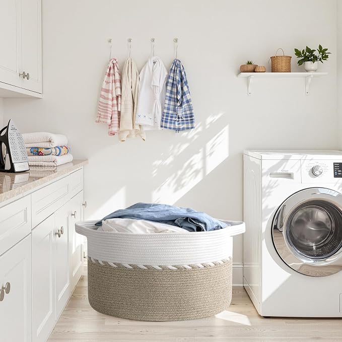 OIAHOMY 105L Extra Large Blanket Basket - Decorative Cotton Rope Storage Basket for Bedroom, Living Room & Nursery - Woven Laundry Hamper for Organizing Blankets, Clothes & Toys - Light Brown & White