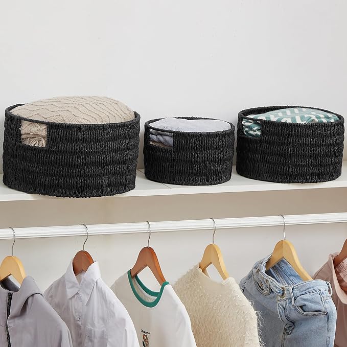 Wicker Storage Basket, Hand-Woven Paper Rope Large Round Woven Basket With Handles, Wicker Baskets for Organizing/Storage, Black, 3-Pack