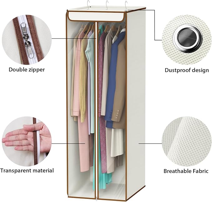 Univivi Garment Bags for Hanging Clothes, Cloth Bag 54 In, 1 PCS, Beige | Large Capacity, Easy Assembly, Clear Window, Dustproof, Durable Zipper, Hanging Garment Storage Bag for Suit, Coat, Dress
