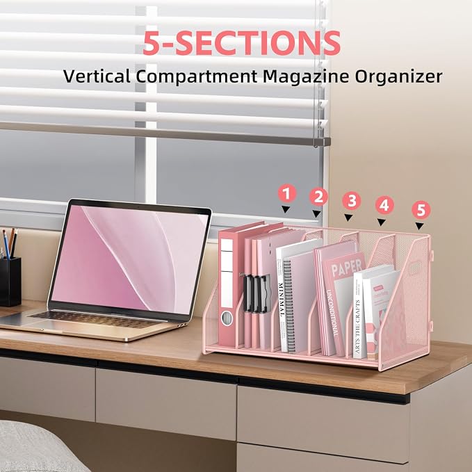 Binder Organizer, Magazine File Holder with 5 Vertical Rack, Pink | Metal Desk File Organizer & Binder Holders, Magazine Organizers for Office Desktop, Home, School, Classroom
