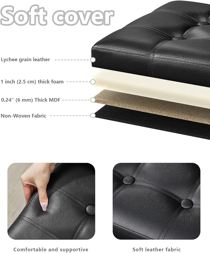 Bsketa 2PC Storage Ottoman, Folding Foot Stool with Thicker Foam Padded Seat Small Leather Storage Ottoman Bench Foot Rest for Living Room Foldable Coffee Table 17x13x13in,Black | Ottoman with Storage, Thicker Foam Padded Seat, Living Room, Dorm, Bedro...
