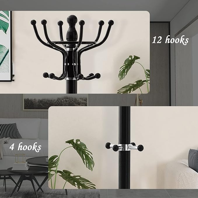 Kertnic Freestanding Coat Rack with 16 Hooks & Marble Base - Heavy Duty Metal Hall Tree Stand for Entryway, Hats, Coats, Bags Rack- Modern Hanger Organizer for Home, Office, Dorm (16 hooks -Black)