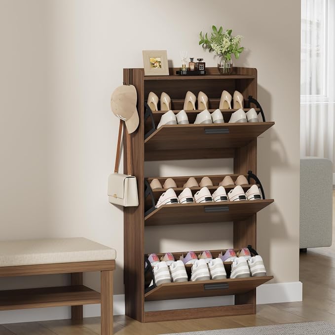 Shoe Cabinet Organizer with 3 Flip Drawers,Narrow Shoe Rack 23.6" W White | Freestanding shoe storage cabinet for entryway,foyer and hallway,slim design and space-saving flip drawers