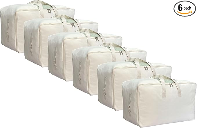 DoYiKe Soft Large Canvas Comforter Storage Bags with Four Carrying Handles and Clear Window, Closet Organizer for Clothing, Blankets Sheets Pillows and Bedding, 80L, 6 Pack, Beige