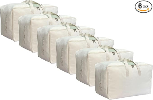 DoYiKe Soft Large Canvas Comforter Storage Bags with Four Carrying Handles and Clear Window, Closet Organizer for Clothing, Blankets Sheets Pillows and Bedding, 80L, 6 Pack, Beige