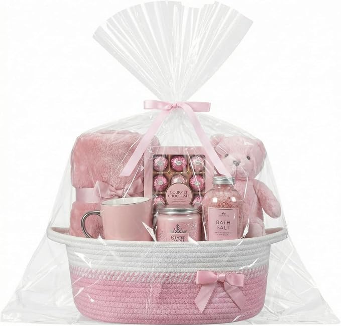 Colingmill 1 Set Woven Empty Basket for Gift,Pink White | with Cellophane Wrap Set, 14 x 10 x 5.5 Inch, Medium Decorative Gift Basket, Cotton Rope Storage Box, Home Decor
