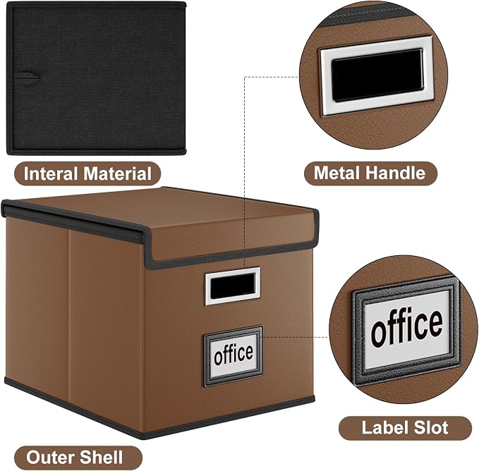 File Organizer Box with Lids, Collapsible File Folder Organizer | File Box with Plastic Slides for Document, Filing Bin for Letter Size Hanging File Folders (1 Pack, Brown, Leather)