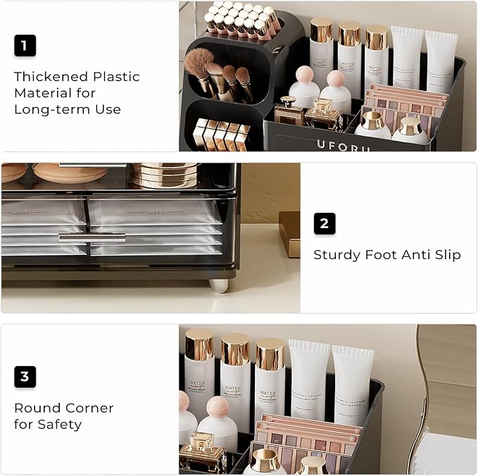 UFORU Makeup Organizer Countertop with Brush Holder for Vanity Bathroom | Large Capacity, Thickened Plastic, 2 Clear Drawers, Compact Size, Detachable Brush Holder, Divided Compartments, Easy Access