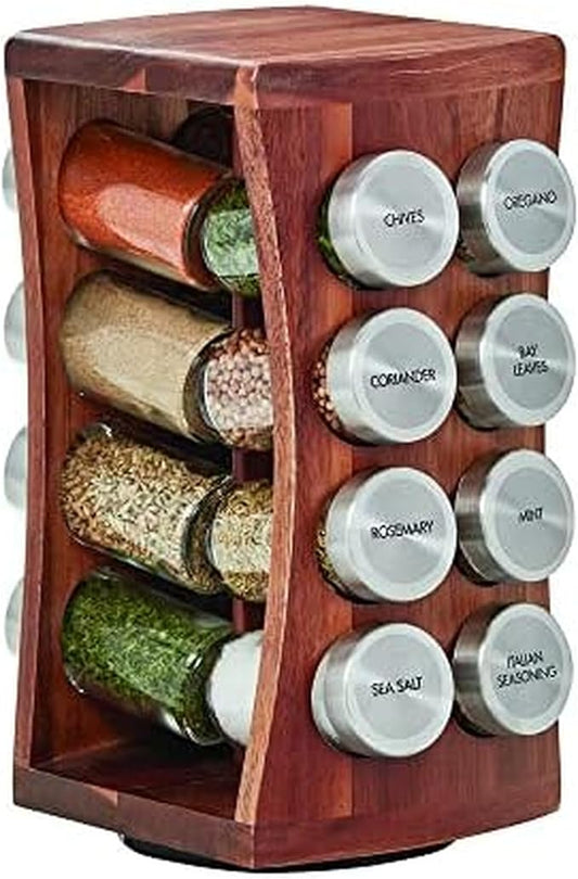 Kamenstein 16 Jar Hourglass Revolving Countertop Spice Rack with Spices Included, FREE Spice Refills for 5 years, Acacia with Stainless Steel Caps