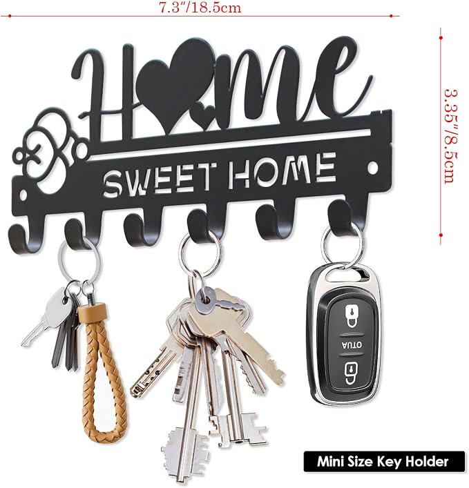 “Home Sweet Home”Key Holder wall Mount(Mini Size:7.3x3.35inches) | Simple Metal Decorative Key Hooks Rack for Entryway Front Door Hallway Garage Office