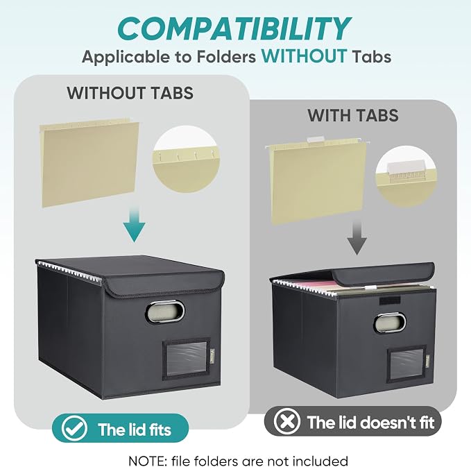 BALEINE File Organizer Box with Lid, Collapsible File Folder Organizer with Plastic Slide, Hanging File Folder Box for Office Document Storage (2 Pack, PU, Black)