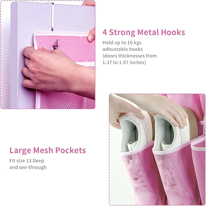 SAVERHO 35 Pockets Over the Door Shoe Organizer, Hanging Shoe Organizer for Door with 35 Mesh Pockets Large Capacity Shoe Hanging Storage Bag with 4 Metal Hooks (Pink-1Pack)