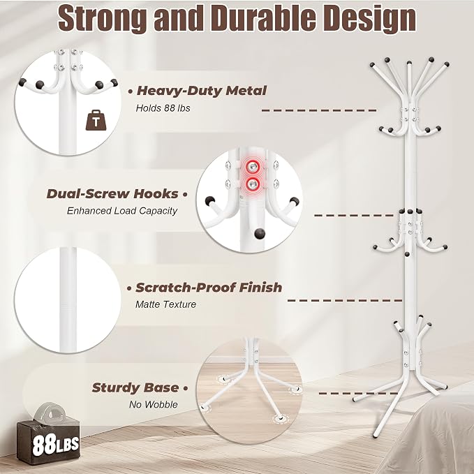 Metal Coat Rack, Freestanding Coat Tree & Hall Tree with 15 Hooks, Sturdy Coat Rack Stand and Hat Rack, Coat Hanger for Entryway, Bedroom, Office for Jackets, Hats, Bags,White