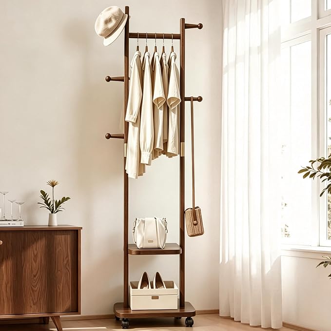 Solid Wood Coat Rack with Wheels, 2-Tier Rolling Garment Rack with 5 Hooks | clothing rack clothes stand hall tree entryway bedroom corner heavy duty