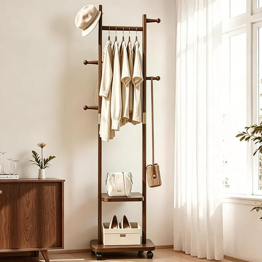 Solid Wood Coat Rack with Wheels, 2-Tier Rolling Garment Rack with 5 Hooks | clothing rack clothes stand hall tree entryway bedroom corner heavy duty