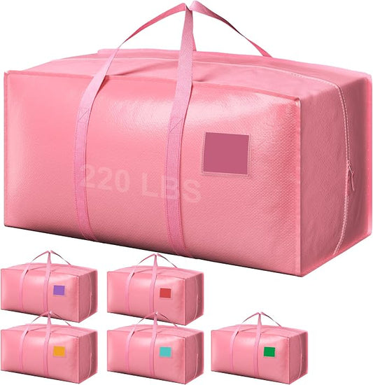 6 Pack Moving Bags with Full-Open Side Zipper, Extra Large 93L Heavy Duty Waterproof Foldable Storage Totes for College Dorm, Moving & Home Organization Pink