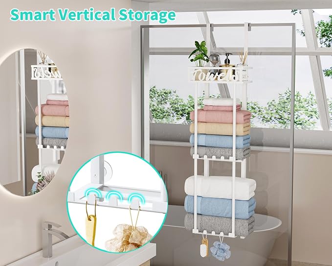 HapiRm Towel Rack Bathroom Storage - 3 Tier Over The Door & Wall Mounted Rolled Towel Racks Holder Organizer with Metal Shelf and 6 Hooks for Small Bathroom, Camper, Rv - White