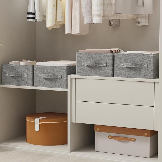 Collapsible Storage Baskets with Handles,Grey,16.1x9.8x6.4in,2 Pack | Storage Cubes with Rigid PP Panel,Organizer Boxes for Organizing,Washable Fabric Organization Bins for Frequent Access