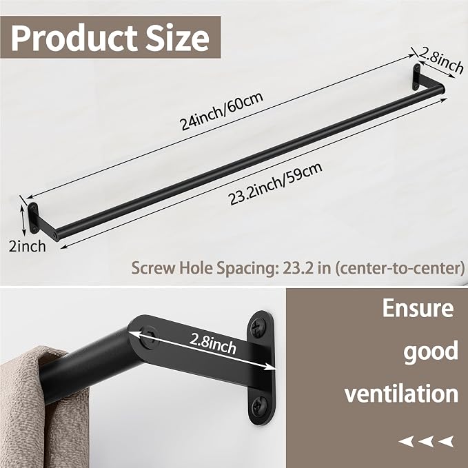 JUYSON Single Towel Bar for Bathroom, 24 Inch Towel Rack, Black | Wall Mounted, Stainless Steel, Rust Resistant, Space-Saving Design, Easy Installation