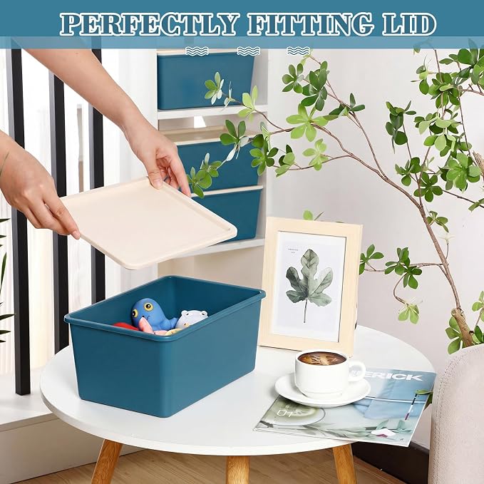 6 Pcs Large and Small Plastic Storage Bins with Lids 14.4 x 10.4 x 5.1 Inch Stackable Storage Containers Decorative Cubby Organizer for Clothes Shelves Garage Closet Office (Blue)