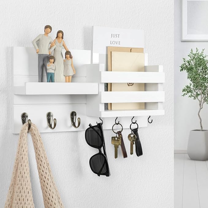 Lwenki Mail Organizer for Wall Mount – Key Holder with Shelf Includes Letter Holder and Hooks for Coats, Dog Leashes – Rustic Wood with Flush Mounting Hardware (16.5” x 8.7” x 3.5”)