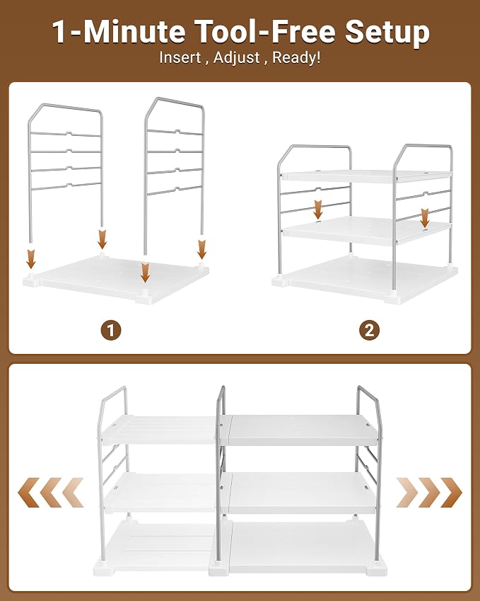 EVERIE Extendable 3-Tier Kitchen Cabinet & Pantry Organizer for Plastic Wrap, Foil & Storage Bags, Adjustable Heavy Duty Shelf Rack for Wrap Boxes, Jars & Snack Boxes (11–16.7 in Wide), Pack of 2