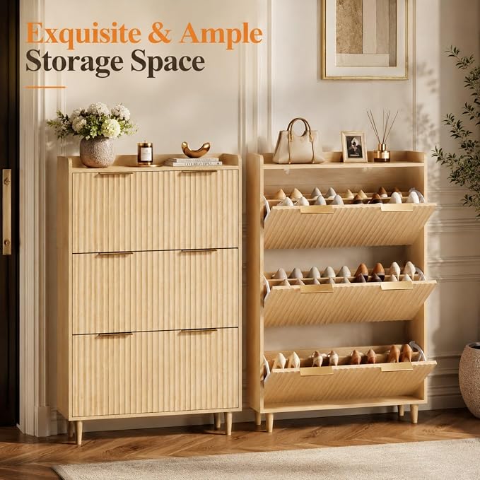 VINGLI Fluted Shoe Storage Cabinet for Entryway with 3 Flip Drawers, Narrow Shoe Organizer with Fluted Panel, Freestanding Wood Hidden Shoe Cabinet for Foyer, Hallway (Oak, 3 Flip Drawers)