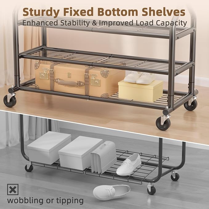 EAGMAK Heavy Duty Clothes Rack Load 556 LBS, Rolling Clothing Rack With 3 Shelves, Adjustable Metal Clothes Hanger with Wheels, Portable Wardrobe Organizer Garment Rod for Hanging Clothes (Black)