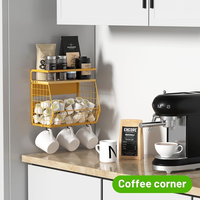Magnetic Shelf for Fridge with Wood Lid, Fruit Potato and Onion Storage Bins, Pantry Organizers & Storage, Large Container Magnetic Spice Rack for Refrigerator, Kitchen Counter, Cabinet (Yellow, 2)