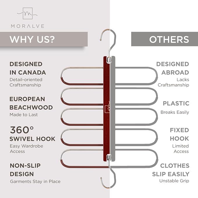 MORALVE Pants Hangers Space Saving - 4 Pack European Beechwood Scarf and Jean Hangers - Closet Organizer and Space Saver Pant Rack, Leggings Hanger, and Scarf Holder with 360° Swivel Hook