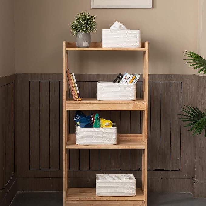 OIASKET 4 Pack Small Storage Shelf Baskets for Organizing, Mini Woven Rope Storage Bins for Towels, Cute Decorative Closet Organizer，Baby Nursery, Gift Empty Baskets -11.81''Lx7.87''Wx4.72''H-White