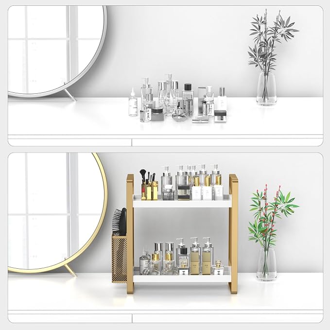 Bathroom Counter Organizer with Basket, Perfume,Makeup Organizers for Vanity,Storage Organizers for Bathroom, Kitchen, Dresser（White）