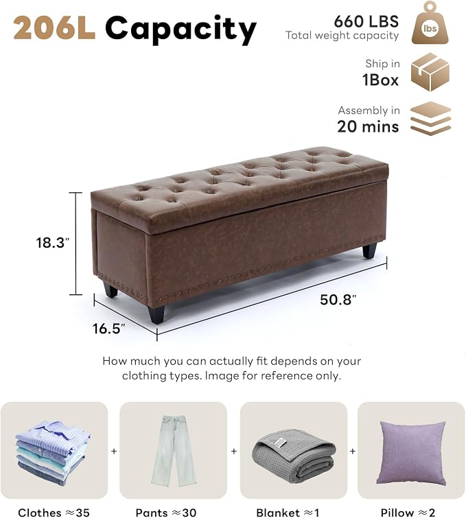 Tbfit Long Ottoman with Storage, 50.8" Faux Leather End of Bed Bench with Safety Hinge&Rivets, Entryway Benches Large Storage Ottoman Bench for Bedroom, Living Room, Holds up to 660 lb(Brown)