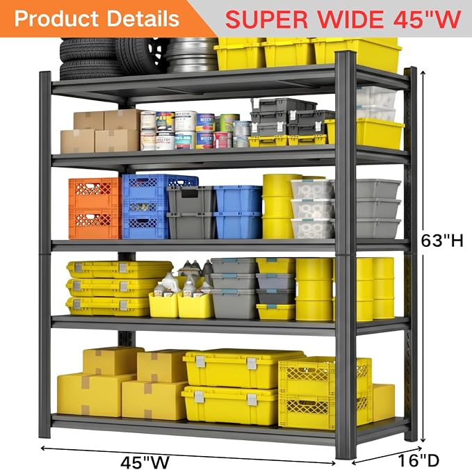 Garage Shelving, Heavy Duty Storage Shelves, Adjustable Boltless Units | Metal Shelving with Double Layer Posts, Industrial Steel Shelving for Garage Basement Warehouse Kitchen, Black, 63H*45W*16D