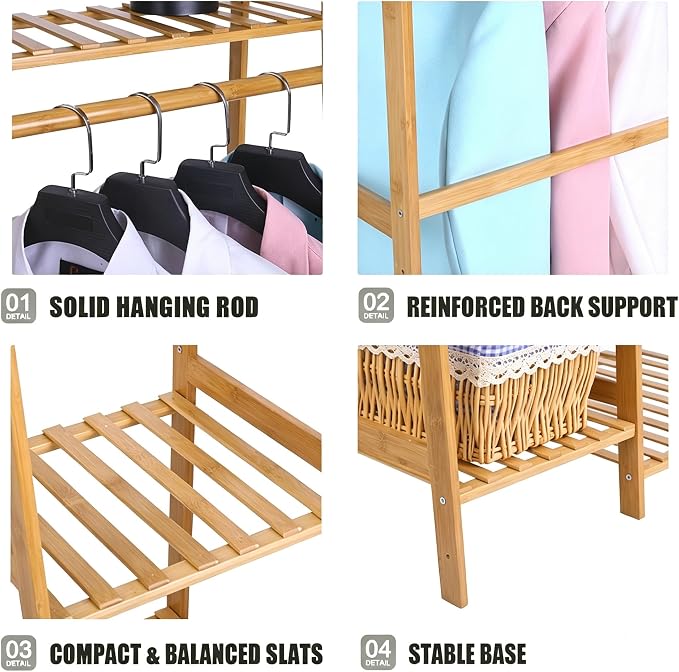 Ufine Bamboo Garment Rack with 7-Tier Storage Shelves & Hanging Rod | Portable Clothes Hanging Rack Minimalism Wardrobe Closet Organizer for Living Room