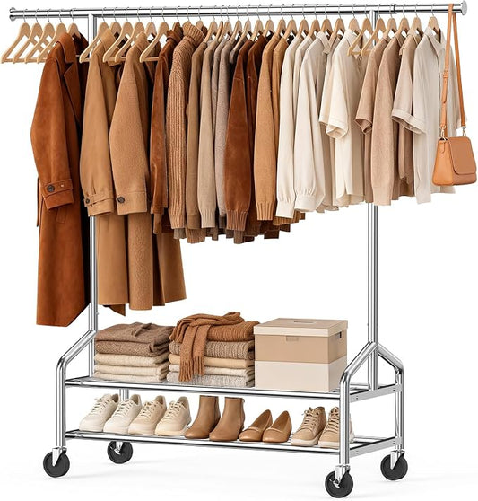 Heavy Duty Clothes Rack, Rolling Clothing Rack Load 650 LBS for Hanging Clothes with 2 Sturdy Shelves, Metal Garment Rack with Wheels for Bedroom, Laundry Room, Retail Store, Silver