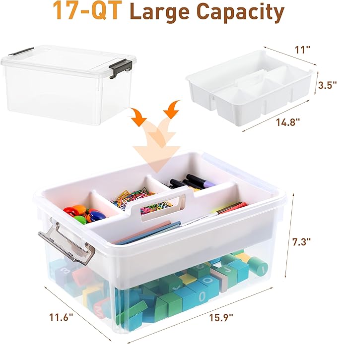 Citylife 17 QT Clear Craft Organizers and Storage Box with Handled Tray | Stackable Art Supply Organizer Storage Bins with Lids for Craft, Beads, Markers, Sewing, Tools, Playdoh, Coloring Books,