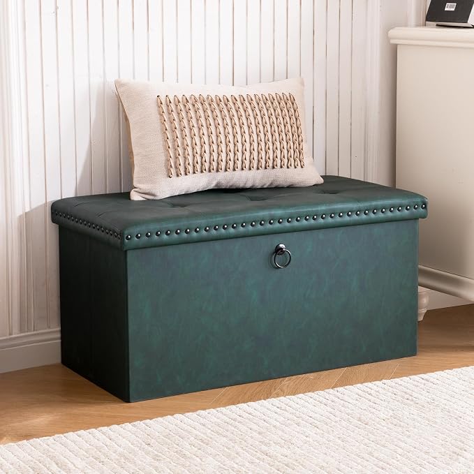 oakvivo Folding Storage Ottoman Bench, Leather Foot Rest Stools with Rivet Design, 15" D x 30" W x 15" H, Ottoman with Storage End of Bed Bench Footstool for Living Room Bedroom, Load 330 lb, Green