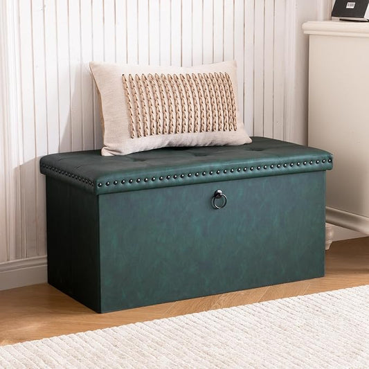 oakvivo Folding Storage Ottoman Bench, Leather Foot Rest Stools with Rivet Design, 15" D x 30" W x 15" H, Ottoman with Storage End of Bed Bench Footstool for Living Room Bedroom, Load 330 lb, Green