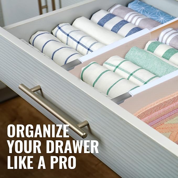 RAPTUROUS Adjustable Deep Drawer Divider – 6" Tall, Expandable 13-22", 8-Pack, Non-Slip Drawer Dividers for Clothes, Dresser, Kitchen & Office Organization (White)